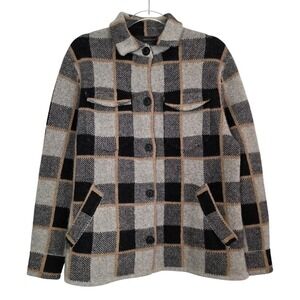 360Cashmere Women's S Plaid Button Front Shirt Jacket Black Grey Tan Cashmere